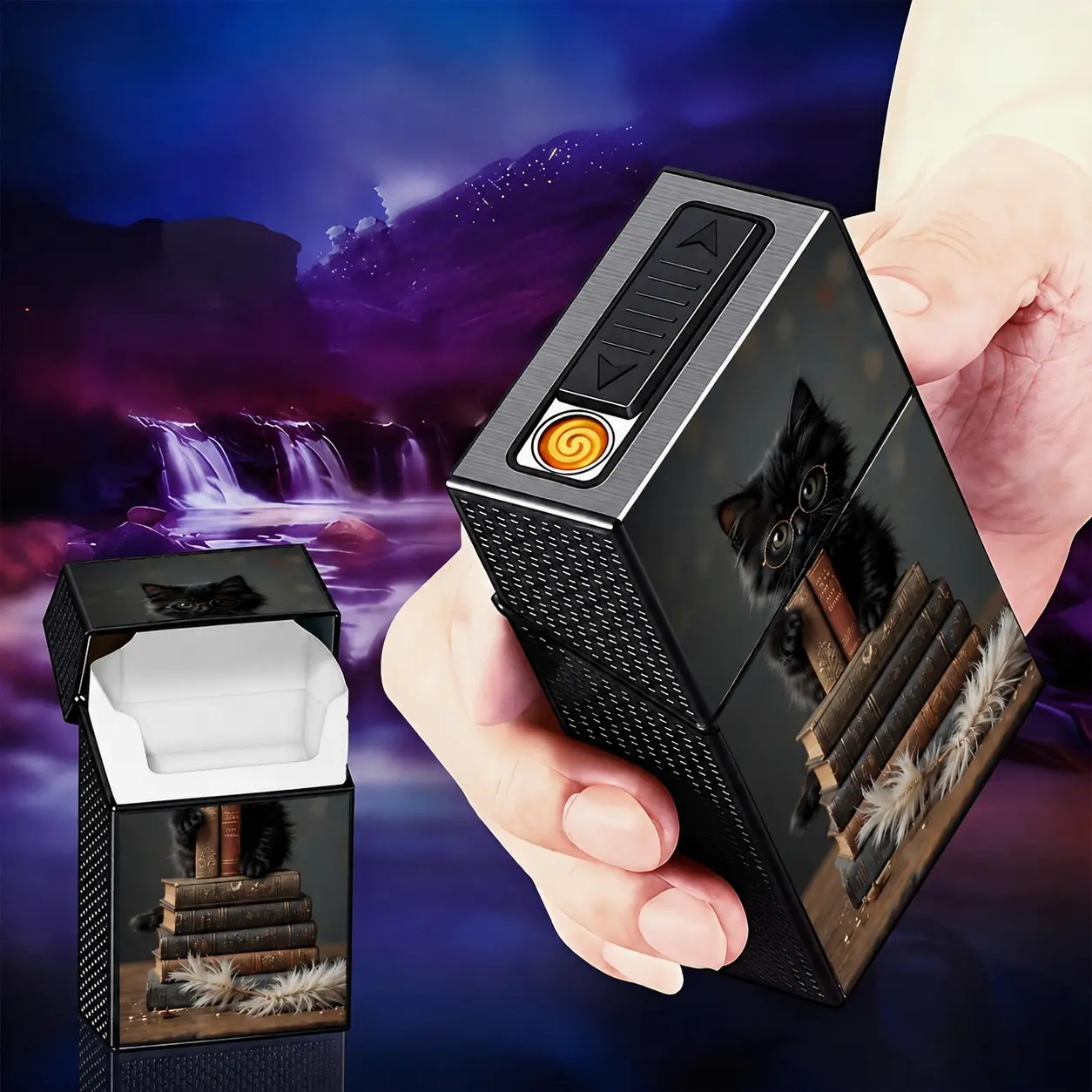 2-in-1 USB Rechargeable Electronic Lighter with 20-Slot Storage Case, Cute Black Kitten with Round Glasses & Book Stack Design, Home Supply Lighter Accessory Aluminum Alloy Windproof