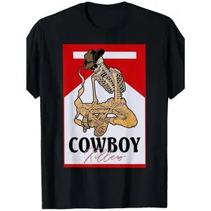 Men's Vintage Cowboy Graphic T-Shirt -Cotton Crew Neck Tee with Skeleton Cowboy & Cigarette Pack Design, Text, Regular Fit All-Season Casual Shirt for Weekend & Casual AttireCowboy Accessories