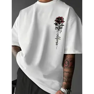 Cotton short sleeve T-shirt comfortable loose fit men's casual rose print T-shirt-crew neck, polyester blend, quick-drying, summer wear Graphic Tee Streetwear White Crewneck Graphic tees