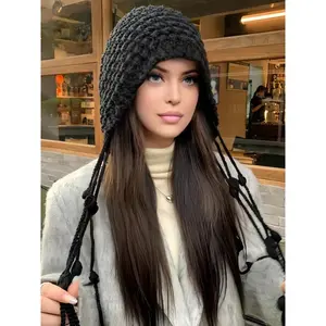 Handmade Tassel Ball Beanie, Women's Knit Hat for Autumn & Winter, Warm Ear Protection Cap, Stylish Fashion Headwear for Daily Wear