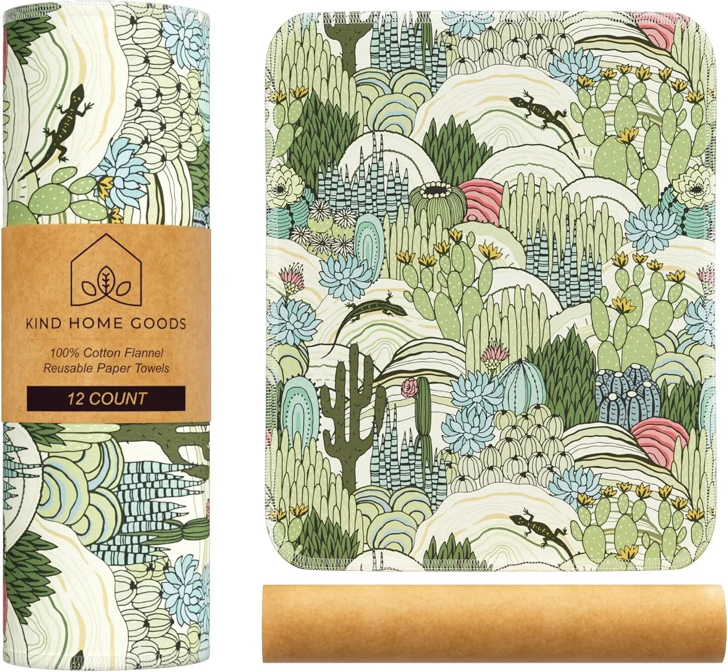Reusable 12"x10" Washable Paper Towels, Soft Absorbent 100% Washable with Cardboard Roll, Reusable Cactus Pattern Napkins