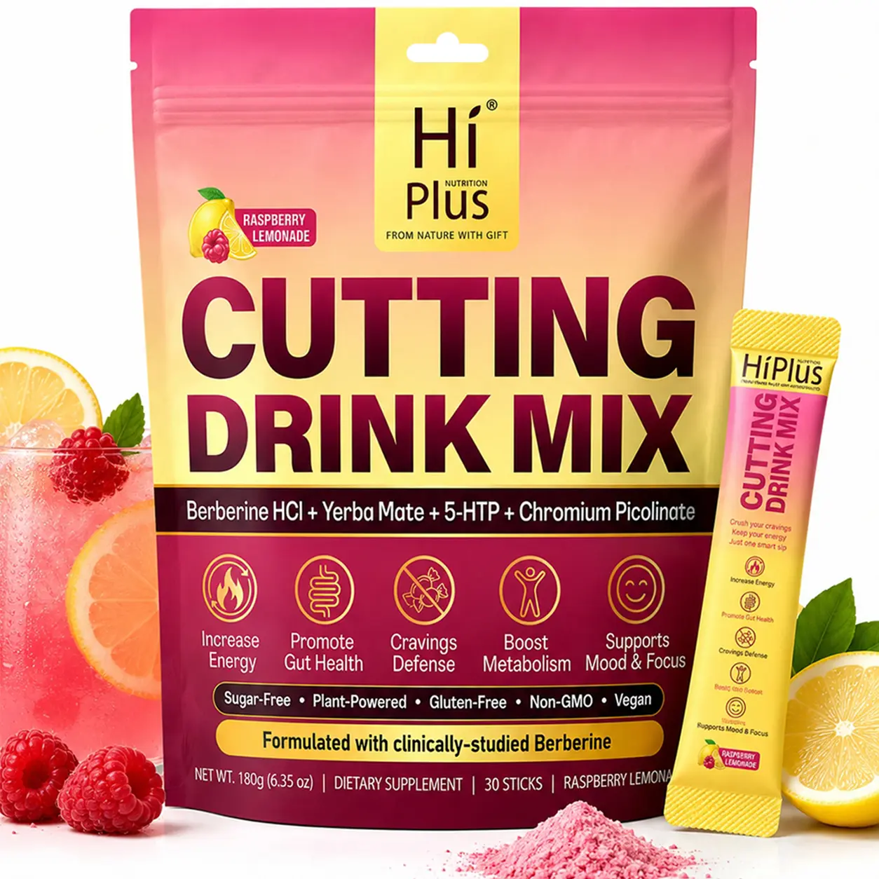 HiPlus Cutting Drink Mix – with Magnesium, Berberine, Chromium, Vitamin D3 | Sugar-Free, Vegan, Non-GMO, Gluten-Free, Raspberry Lemonade - 30 Servings