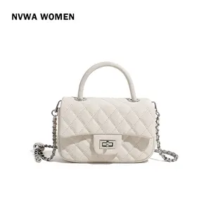 The Ivory Quilted Satchel - Elegant Top Handle Flap Purse Pebbled Vegan Leather with Woven Chain for Evening Wedding