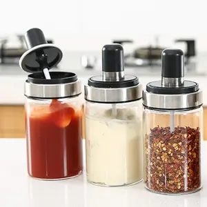 Kitchen 3 High Borosilicate Glass Spice Jars Seasoning Box Jar Condiment Jar, Combination Spoon and Lid Design, Premium Commercial Grade, Empty Jars 8.45 oz, Airtight Cap