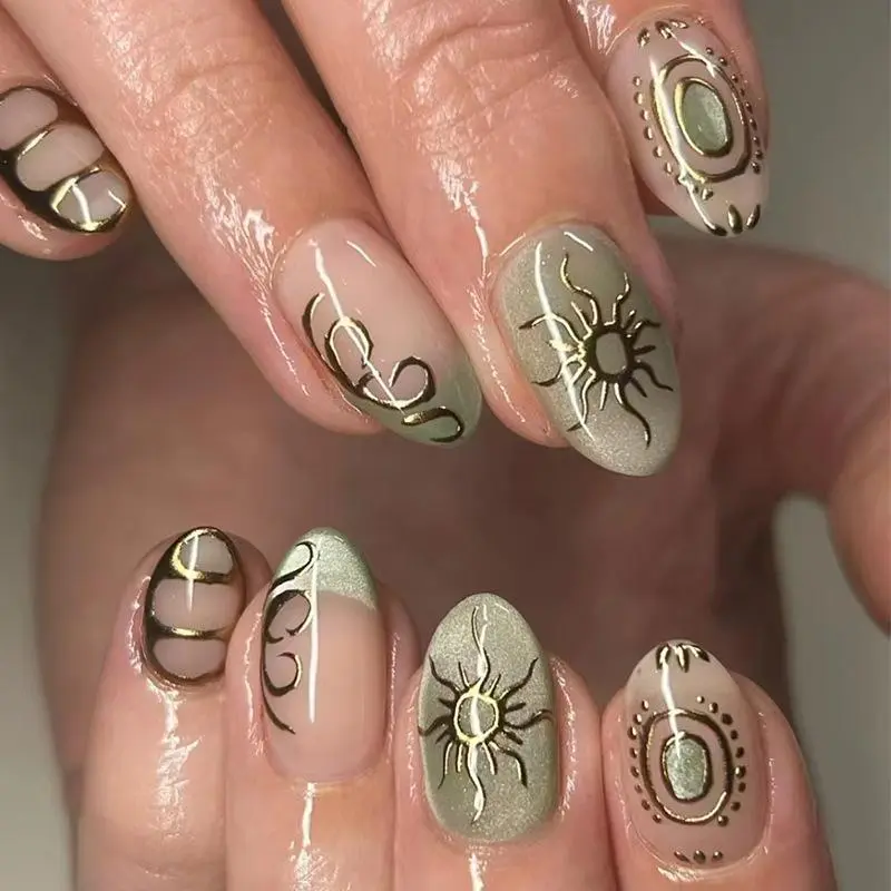 3D Sun Pattern Cat's Eye Fake Nails with Nail File & Tape, 24pcs Removable False Nails for Women Girls Nail Art, Nail Design, Effortless Press on Nails Manicure Set Nail Kit Set, Glossy False Nails, Nail Art Products