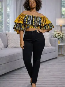 Chic Ankara Off-Shoulder Crop Top – Yellow Print Statement Blouse for Women
