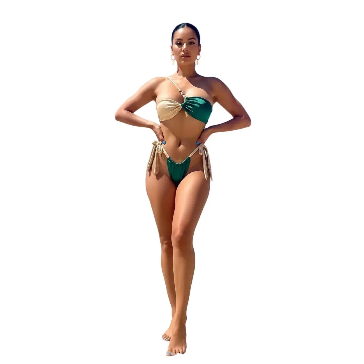 Luxe Two-Tone Satin Bikini Set, Emerald Green and Champagne