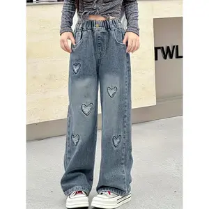 SHUJUAN Girls' Fashion Heart Embroidery Denim Jeans, Cotton Blend, Casual Straight Leg, Non-Stretch, All-Season, Woven Fabric, Regular Fit with Pockets