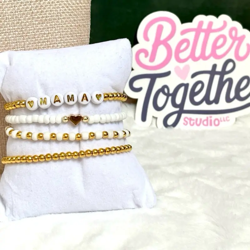 The Evergold Mama Stack | Gold Beaded Bracelet Stack | Mama Bracelet Stack | Handmade Stretch Bracelets | Gold & White Bracelet Set