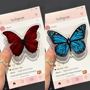 Red And Blue Butterfly with MagSafe Phone Grip, Aesthetic Magnetic Phone Holder, Kawaii Gothic Fan Gift , Kindle Accessories sticky Baby mount Library Card Flower-Shaped Multi-Functional Stand Universal Car