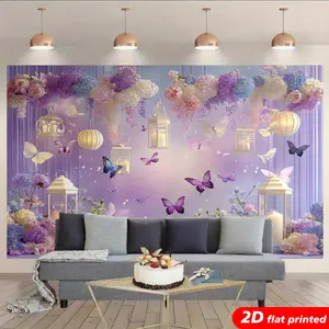 2D Flat-Printed Purple Nature Fairy Floral Butterfly Tapestry Wall Hanging - Hydrangea Lantern Design, Flower Backdrop, Photo Studio Prop, Aesthetic Home Decor Gift for Bedroom, Living Room