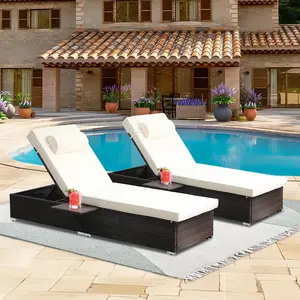 Wicker Chaise Lounge Set, Outdoor Patio Lounge Recliner Chair with Adjustable Backrest,Side Shelf for Garden Yard Poolside
