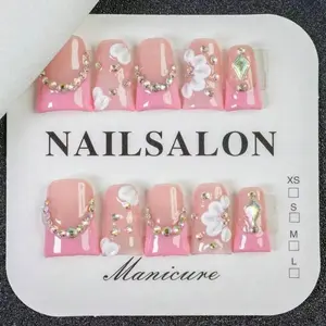 Luxurious Nail Set, Stylish Acrylic Nails, Nail Art, Gentle Design, Hand-Painted Details, 3D Carved Flowers, Mini Glitter Beads, Perfect for Princess Themes & Birthdays