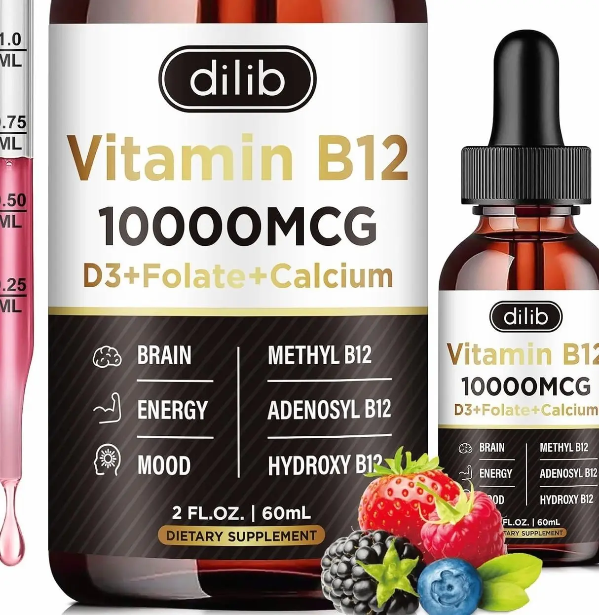 Vitamin B12 Complex 10000 mcg | Vegan Triple Liquid B-12 Drops Sublingual Supplement | Methylcobalamin & Adenosylcobalamin & Hydroxo Blend for Long-Lasting Energy and Healthy Metabolism Berry Flavor