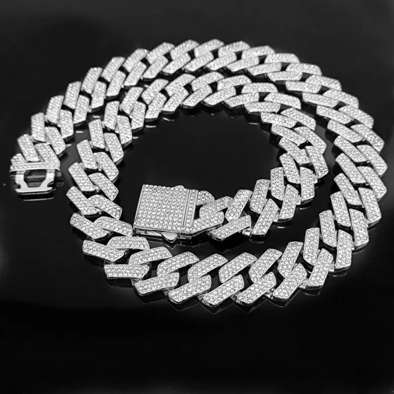 Unisex 20mm Iced Out 3-Row Cuban Link Chain - Chunky Metal-Coated Costume Necklace with Full Diamond Bar, Geometric Links, Hip Hop Bling Daily Accessory Gift for Boyfriend