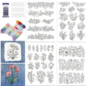 67pcs Flower Plant Embroidery Patterns, Floral Embroidery Design, Water Soluble Paper Preprinted Mushroom Stabilizer, DIY Sewing for Clothes Bags