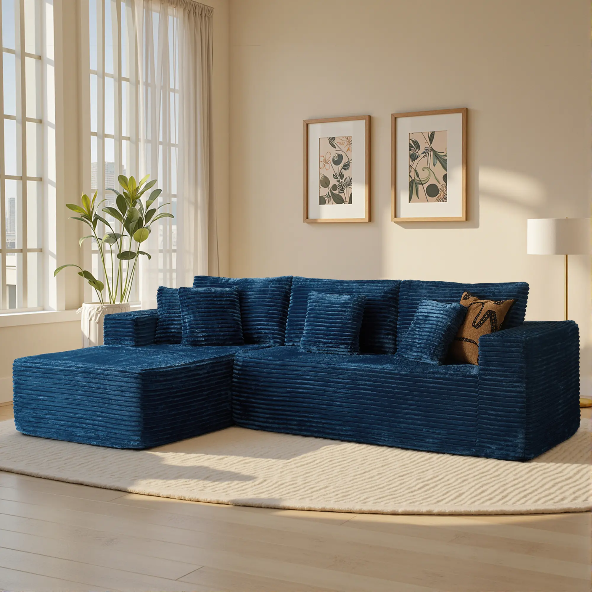 3 Seat Blue L Shape Sofa Left Chaise