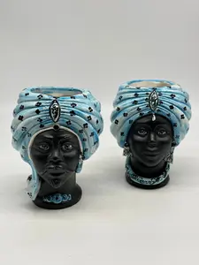 END OF SERIES - Pair of Moor's Heads Athena MINI Caltagirone Ceramic cm H.15 L.11 Handcrafted Light Blue Matt Black