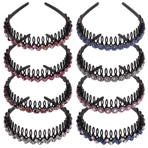 [Summervibes] 8Pcs/Set Rhinestone Headbands with Teeth Comb for Women,Flower Crystal Wave Headband,Plastic Tooth Comb Headband,Non-slip Rhinestone Hair Band Hair Accessories,Hand Tools Kits