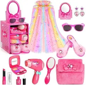 Mother Day Gift Princess Light Up Cape Dress Up Shoes, Kids Pretend Makeup Set for Girls Pretend Play Beauty Hair Salons Toys Gift for 3-6 Toddler Little Girls