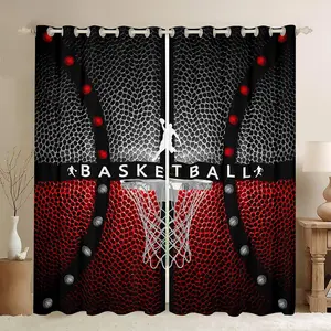 Basketball-Themed Partial Blocker Decorative Curtains, 30%-50% Blackout Velvet Window Treatments with Black Frame & Red Accents, 2 Panels (42x84 in) for Bedroom, Multi-Size Option