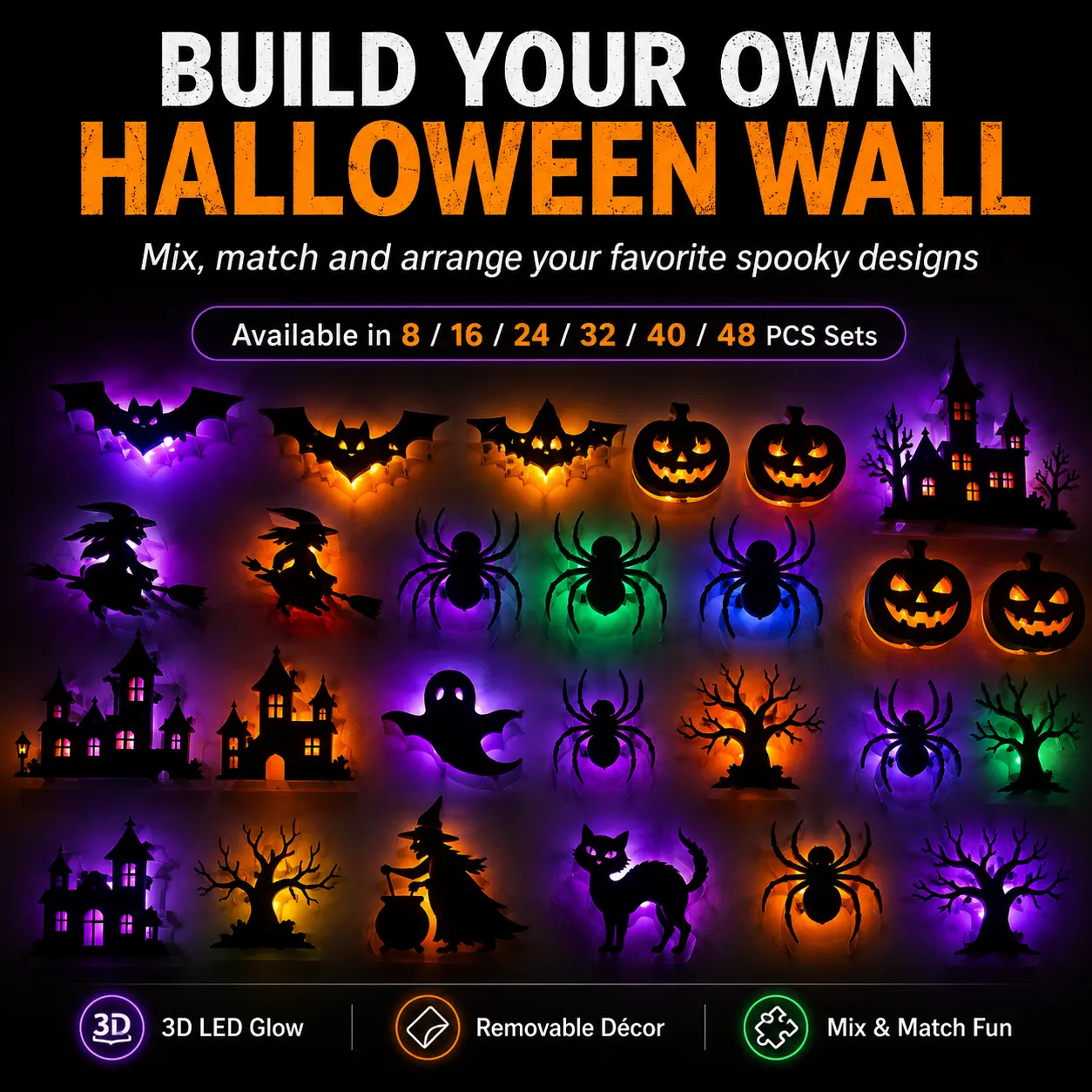 Halloween 3D LED Wall Lights,8/16/24/32/40/48PCS Spooky Removable Decorations, Glowing Bat Pumpkin Witch Spider Décor