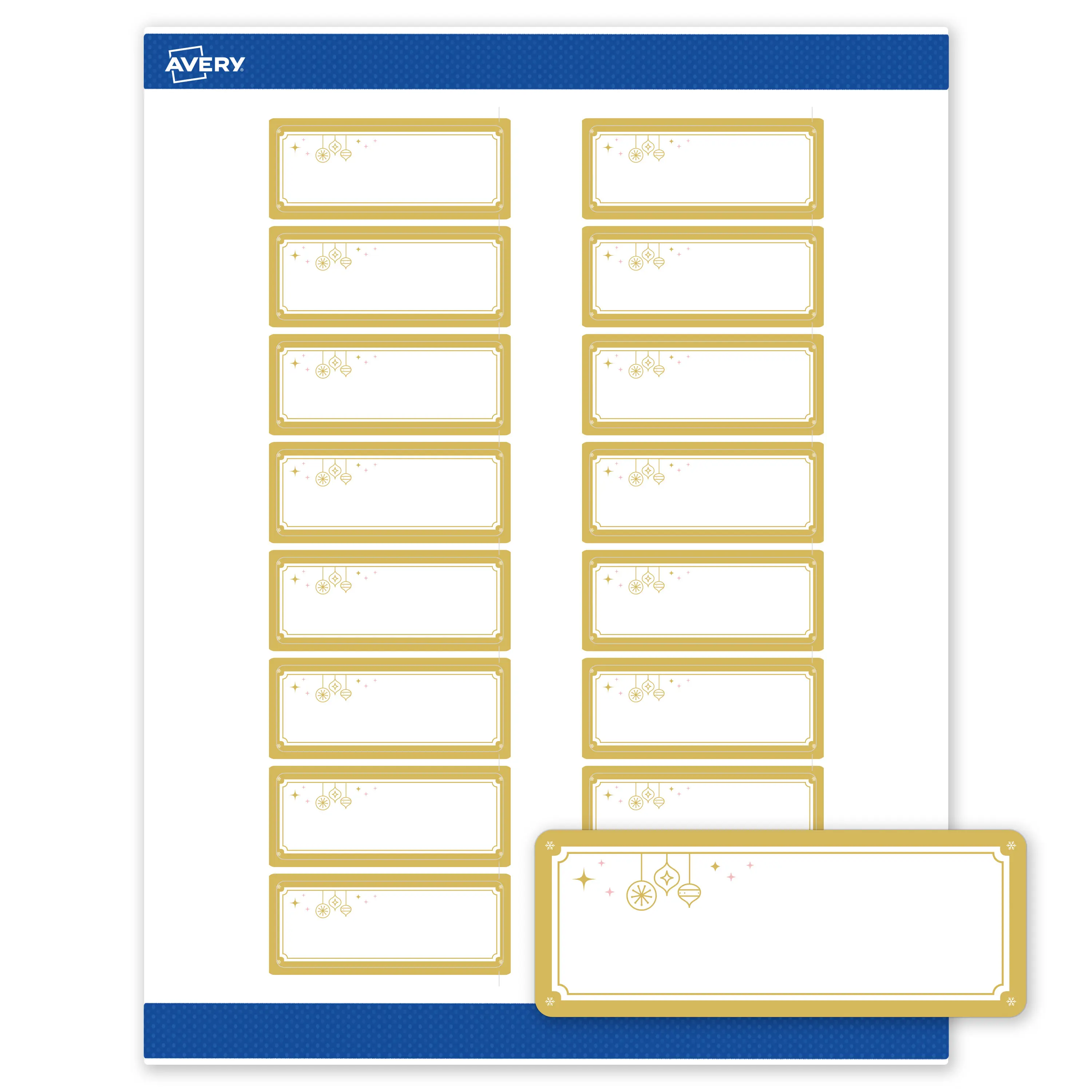 Avery Printable Christmas Decorative Address Labels with Sure Feed Technology, 1"x2-5/8" Rectangle, Pre-Printed Metallic Gold Hanging Ornaments Design, Matte White, Laser & Inkjet Compatible, 160 Total, Decorative Labels