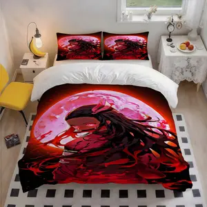 3Pcs Demon Slayer Nezuko Black Long Hair Red Eyes Kimono Themed Patterned Breathable Polyester Bedding Set, Elegant Design, Thoughtful Christmas Gift, Suits Bedroom, Guest Room & Dorm, 1 Duvet Cover + 2 Pillowcases (No Insert)