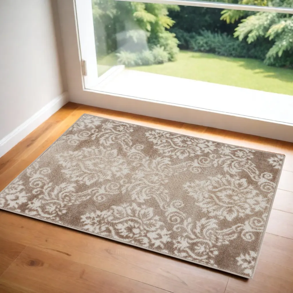 212 MAIN Powerloomed Transitional Damask Print Non-Slip 2x3 ft. Rectangle Area Rug - Ivory & Brown, Distressed, High-Traffic, Home Decor, Entryway Use, Home Decor Rugs, Entryway Rug