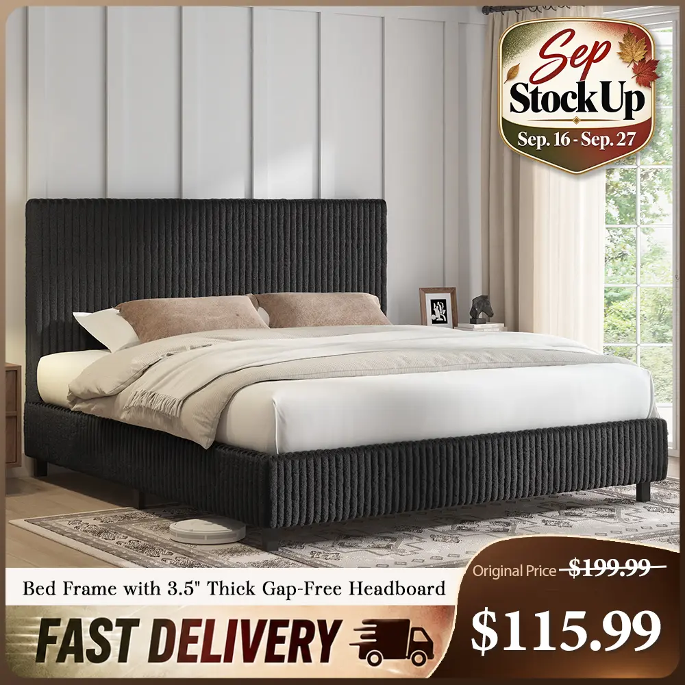 [TiktokShopStockUp] AMERLIFE Upholstered Bed Frame, Corduroy Platform Bed with 3.5" Thick Gap-Free Headboard, Fully Padded, Metal Frame with Strong Slats, No Box Spring Needed