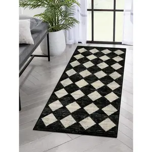 Washable Black and White Kitchen Runner Rug, 2x5 Soft Non Slip Laundry Room Rug Bathroom Runner Rugs with Rubber Backing, Moroccan Trellis Kid Pet Friendly Carpet Runner for Entryway Bedside