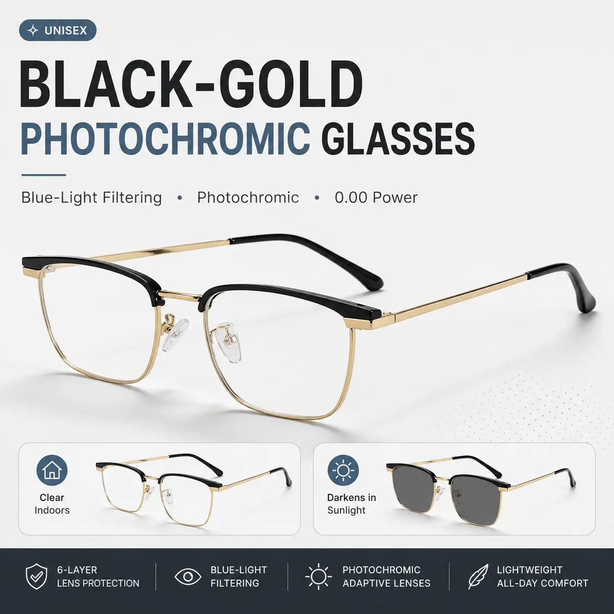 Unisex Fashion Casual Full-Frame Photochromic Eyeglasses - UV-Activated, Anti-Blue Light, Plano Lenses, UV Protection, Trendy Accessory for Work & Daily Wear