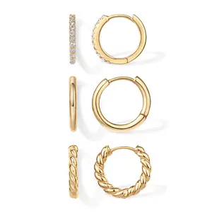 PAVOI 18K Gold Plated 925 Sterling Silver Posts 3 Pairs Small Hoop Earrings Set - Cubic Zirconia Plain Rope Huggie Hoops for Women
