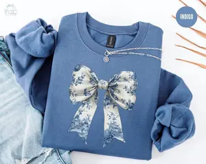 Coquette Bow Sweatshirt,Toile De Jouy Blue Ribbon Sweatshirt, Girly Aesthetic Crewneck, Cute Coquette Bow Shirt, Toile Blue Bow Sweater