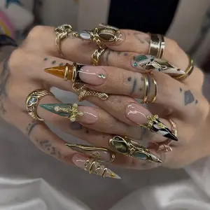 Luxury Gothic Stiletto Press On Nails | 3D Gemstone & Gold Cross Edgy Fake Nails | Reusable Handmade Set