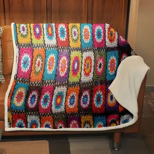 Colorful Geometric Pattern Crochet Blanket, Portable Soft Throw Blanket, Warm Napping Blanket for Home Office Travel