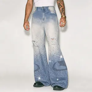 Light Two-Tone Gradient Bleach Fade Irregular Frayed Rip All Over Gradient Rhinestone Crescent Moon Hotfix Stone Flared Bell Bottom Jeans Unisex Mid High Waist Button Fly Heavy Soft Denim Extra Long Floor Length Y2K Party Alt Street Statement Denim Pants