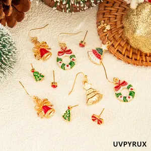 Christmas Themed Earrings 6 Pair/Set: Red Green Dangle & Stud Accessories (Tree/Bell/Wreath)