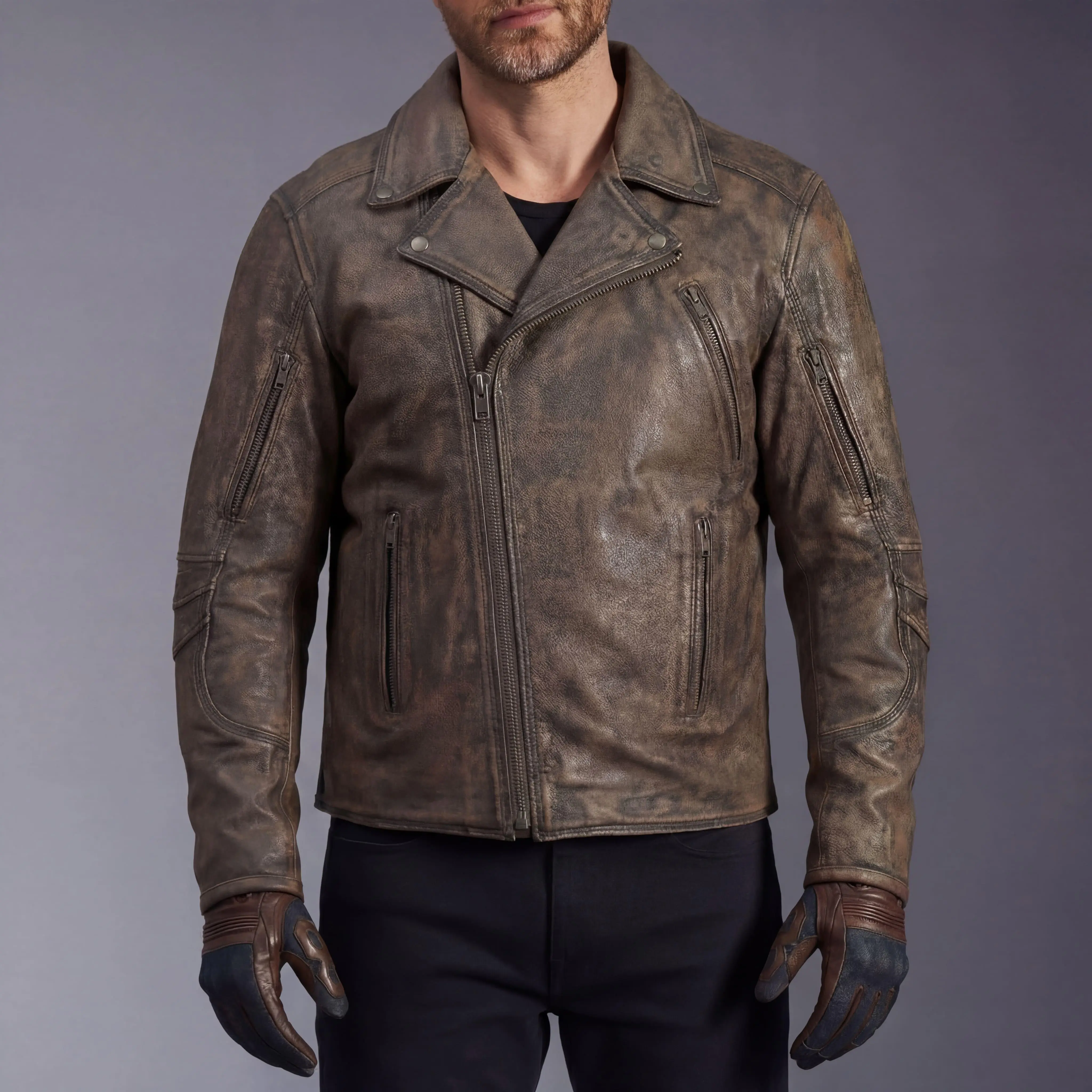 High Mileage Men's Distressed Brown Premium Cowhide Leather Motorcycle Jacket w Dual CCW Pockets & Removable Z-O Liner