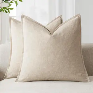 Pack of 2, Decorative Linen Soild Throw Pillow Covers Soft Accent Cushion Case Boho Farmhouse Neutral Pillowcase for Couch Sofa Bedroom Living Room Home Decor 18 x 18 Inch Natural Beige