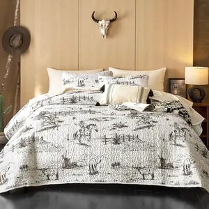 - Western Quilt Set, Rustic Ranch Life with Cowboy Southwestern Vtage Country  Prted, Reversible Lightweight Bedspread Coverlet, 3 count, Beige Brown, Kg Size