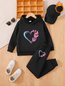 Fleece Hoodie Set, Gradient Heart Print with Butterfly, Casual Fall Winter, Warm & Comfortable Design