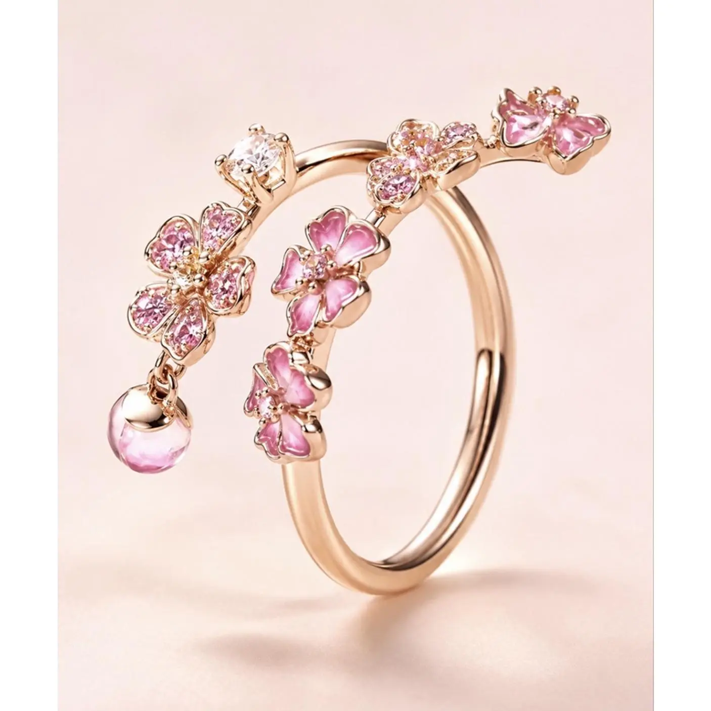 Fashion Rose Gold Flowered Ring with Pink Crystal Accents and Delicate Design