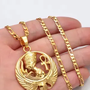 Egyptian Nefertiti Ankh Necklace | Gold-Tone Stainless Steel Statement Chain Cuban Link Design