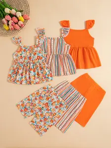 Baby Girls Floral Striped Full Print Sleeveless Top + Flower Stripe Full Print Shorts Set (3 Sets), Cute Toddler