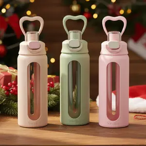 Sandjest Glass Water Bottle with Silicone Sleeve 24oz with Lid, Motivational Drinking Hydration Bottles for Men Women Gym Travel Sports Christmas Gift