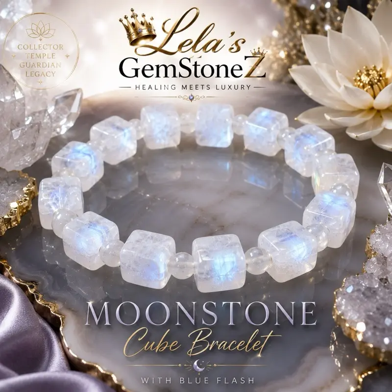 Lela's GemStoneZ Rainbow Moonstone Cube Bracelet with Blue Flash - Genuine Natural Stone, Polished Cube Beads, Stretch Design, Modern Luxury, Unique Adularescence Crystal Intention