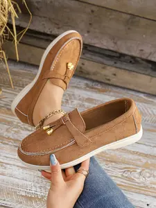 Women's Velvet Metal Buckle Loafers, Slip On Shoes, Round Toe Flats, Vintage Casual Daily Walking Shoes, Versatile Single Shoe for All Seasons