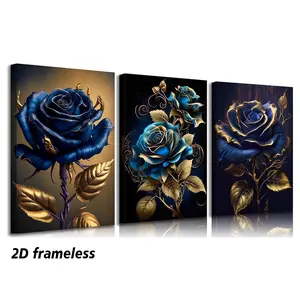 3-piece set, blue and gold rose canvas wall art, elegant blooming rose floral painting, wall decor, abstract floral poster, suitable for home decor in offices, bedrooms, bathrooms, and living rooms, 2D frameless