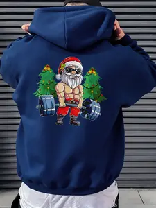 Men's Hoodie Cream Santa Claus Lifting Dumbbells, Christmas Tree Design, Gym Workout, Fitted Casual Sweatshirt, Holiday Gift